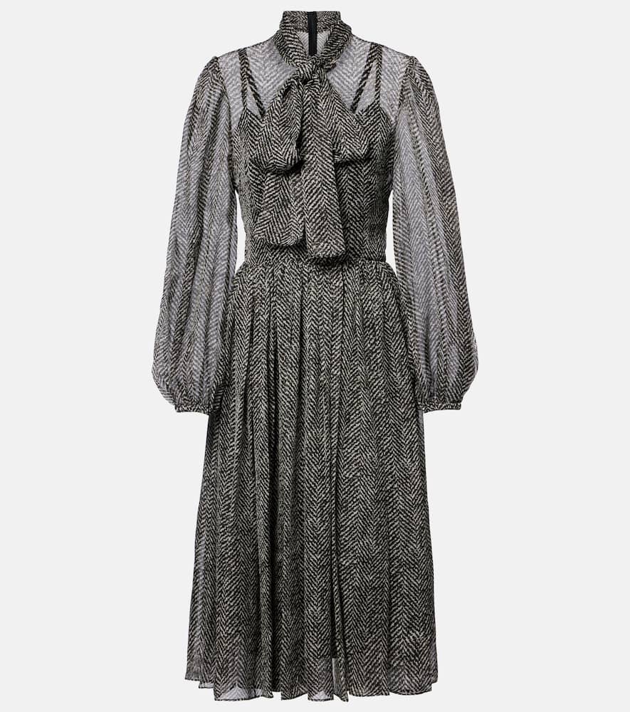 Dolce & Gabbana Chevron Tie-neck Silk-blend Midi Dress In Black