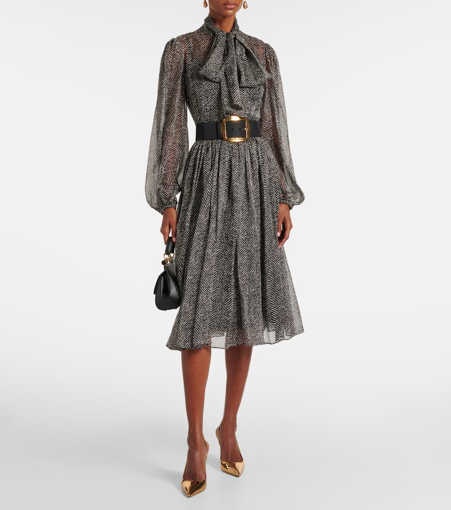 Dolce & Gabbana Chevron Tie-neck Silk-blend Midi Dress In Black
