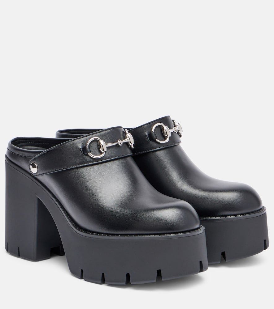 Gucci Horsebit Leather Platform Mules In Black