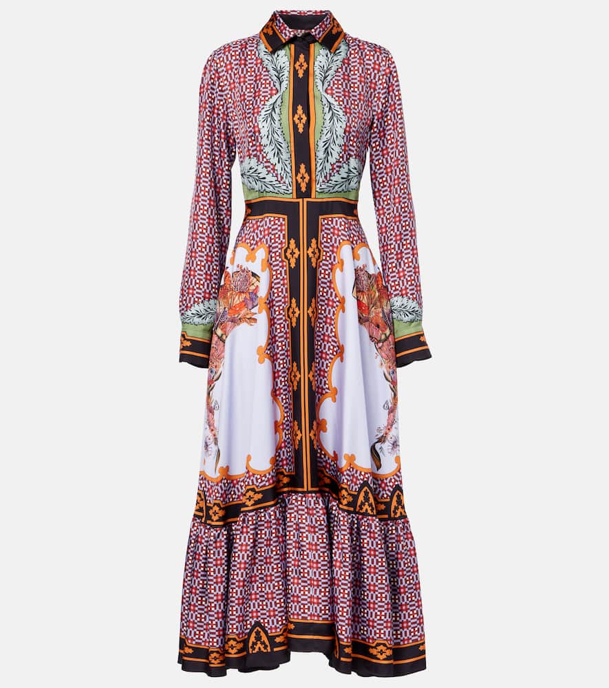 La Doublej Long-sleeved Patterned Silk Midi Day Dress In Purple