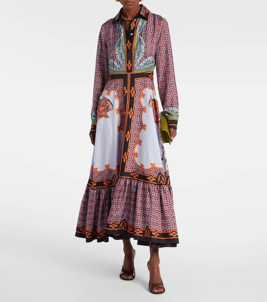 La Doublej Long-sleeved Patterned Silk Midi Day Dress In Purple