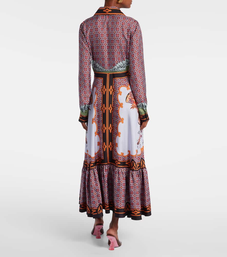 La Doublej Long-sleeved Patterned Silk Midi Day Dress In Purple