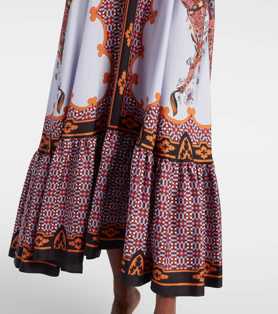 La Doublej Long-sleeved Patterned Silk Midi Day Dress In Purple