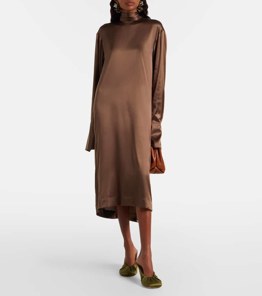 Dries Van Noten Turtleneck Silk-blend Satin Midi Dress In Brown