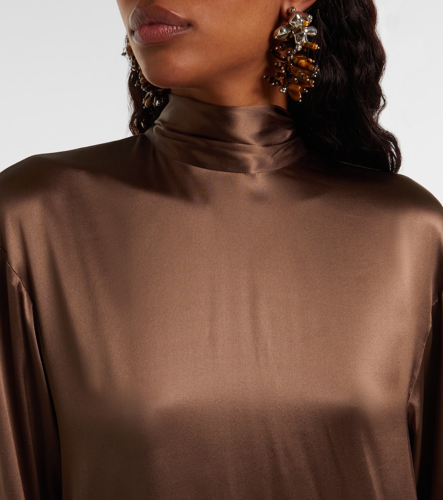Dries Van Noten Turtleneck Silk-blend Satin Midi Dress In Brown