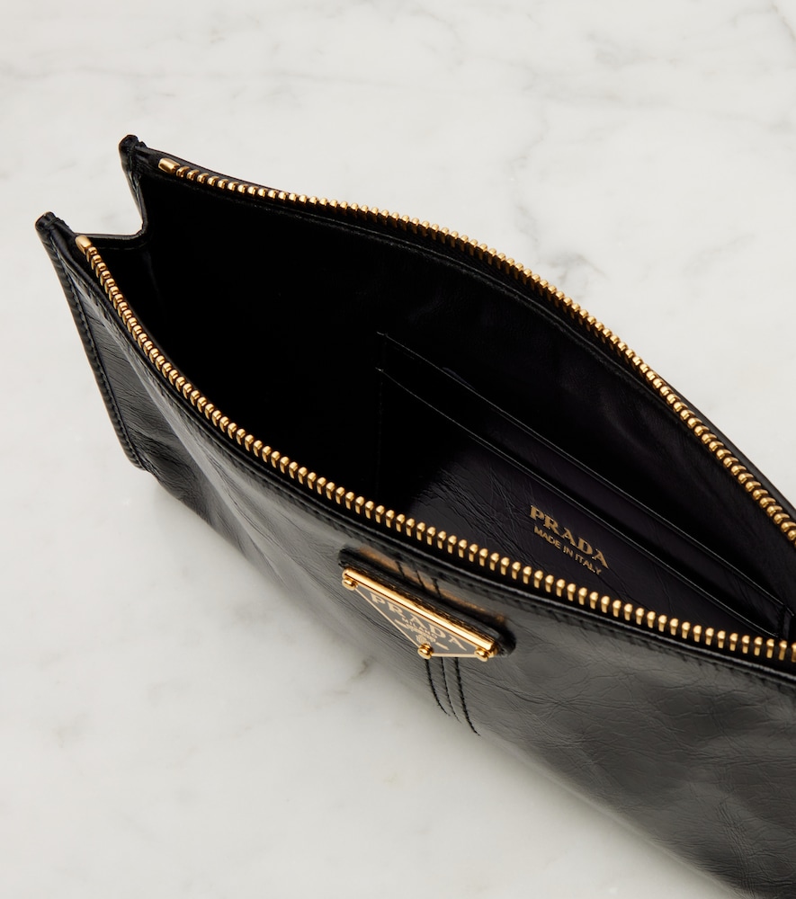 Prada Zip Soft Lux Leather Pouch Bag In Black