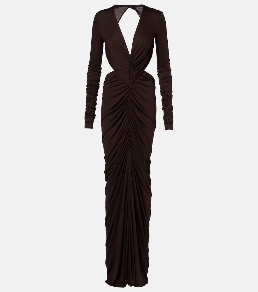 Rick Owens Poppy Ls Ruched Open-back Jersey Gown In Brown