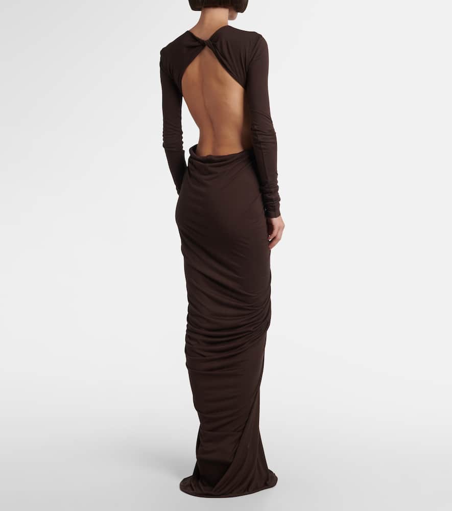 Rick Owens Poppy Ls Ruched Open-back Jersey Gown In Brown