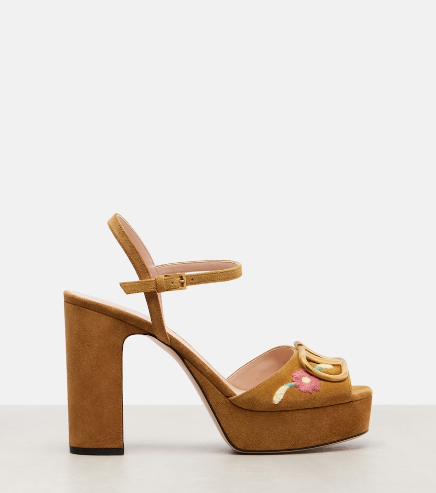 Valentino Garavani Vlogo Signature Platform Sandal In Split Leather With Floral Embroidery 115 Mm Wo In Brown