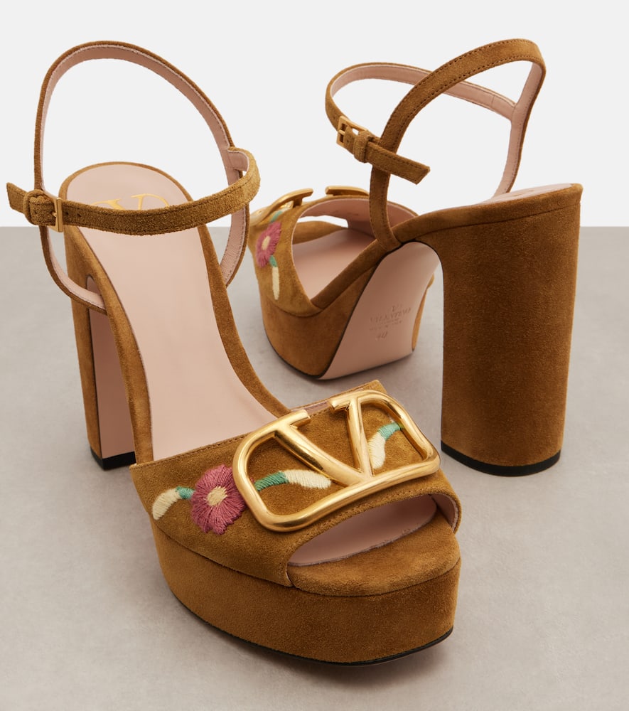 Valentino Garavani Vlogo Signature Platform Sandal In Split Leather With Floral Embroidery 115 Mm Wo In Brown