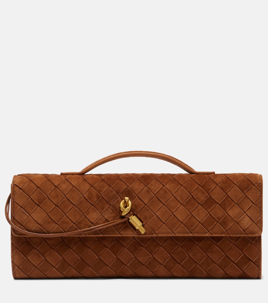 Bottega Veneta Long Andiamo Intrecciato Suede Clutch In Brown