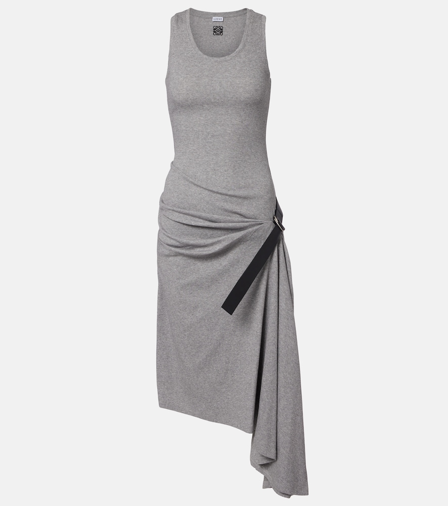 Loewe Belted ribbed-knit draped cotton-blend midi dress