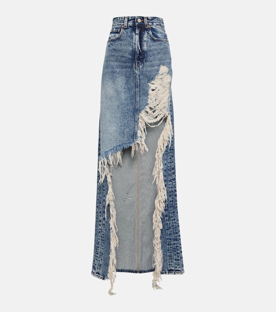 Distressed denim maxi skirt