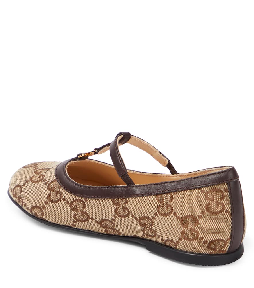 Shop Gucci Double G Leather-trimmed Ballet Flats In Brown