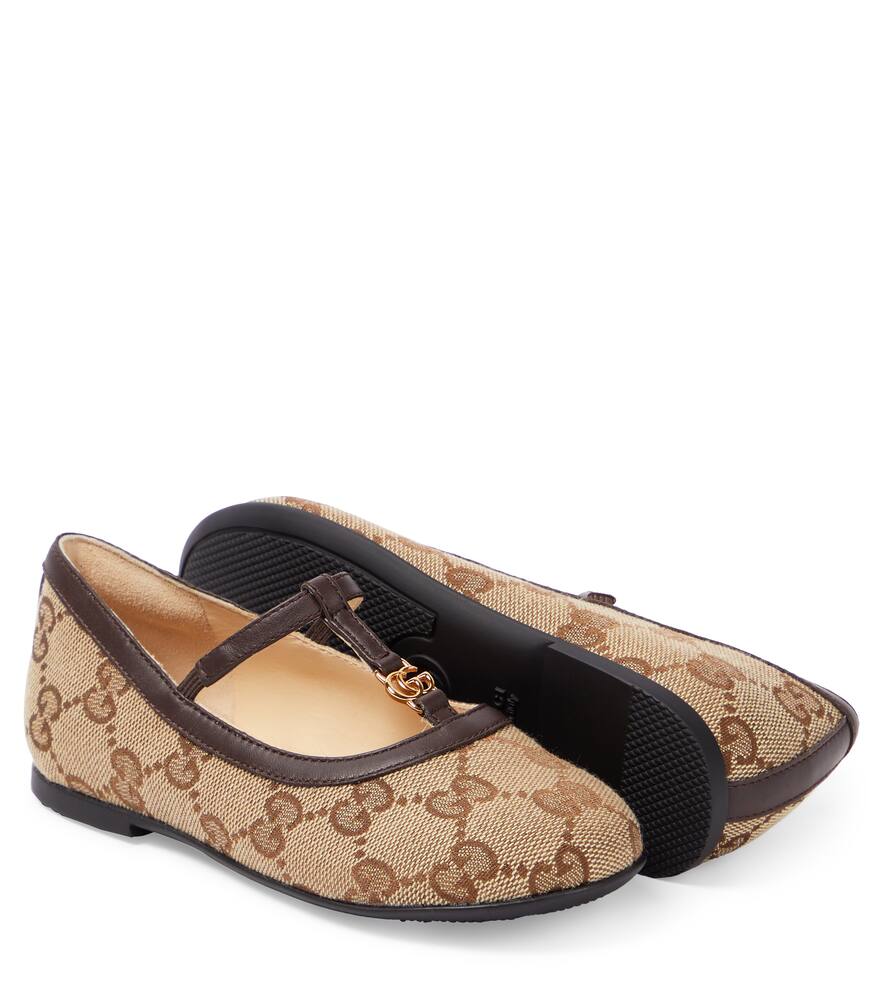 Shop Gucci Double G Leather-trimmed Ballet Flats In Brown