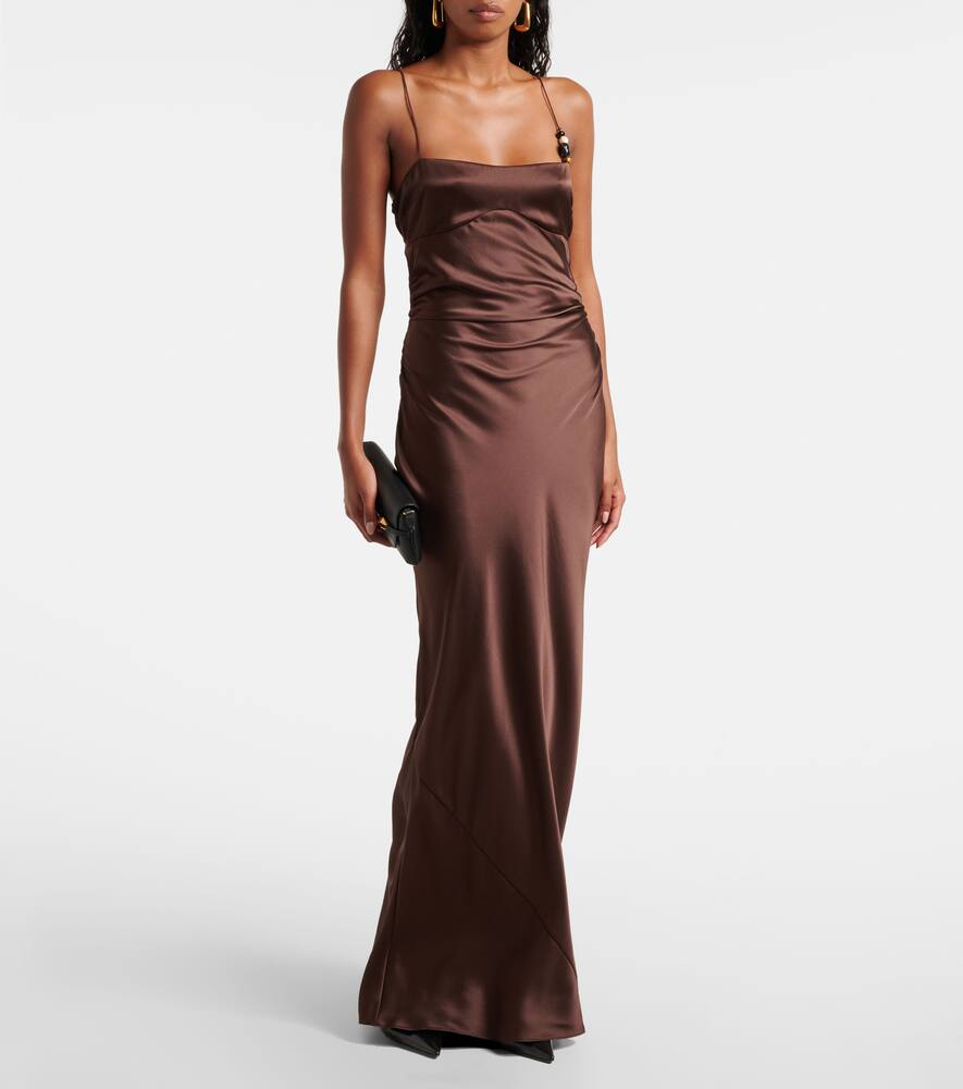 Sir Lush Beaded Silk Satin Slip Dress In Brown