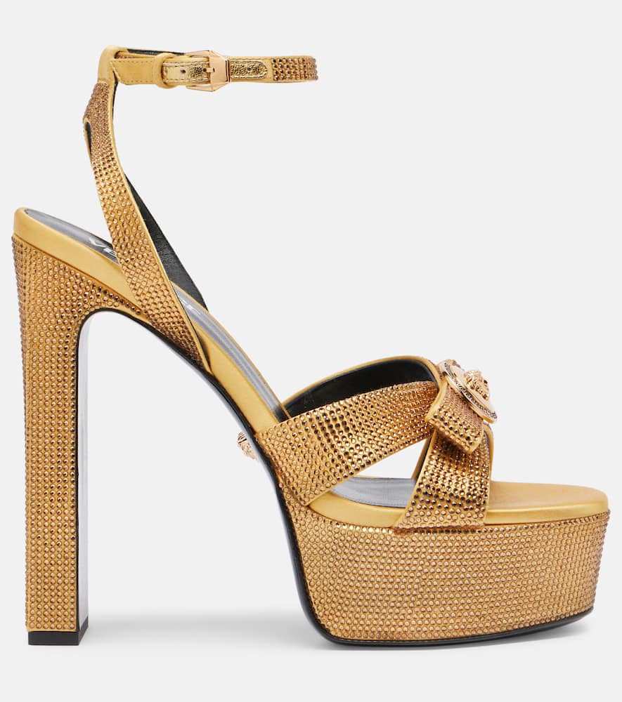 Versace Gianni Ribbon 140 Satin Platform Sandals In Gold