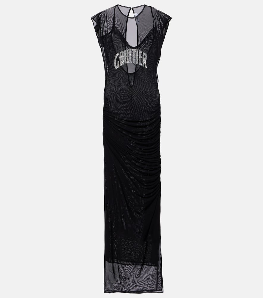 Jean Paul Gaultier Logo Sequined Mesh Maxi Dress In Black
