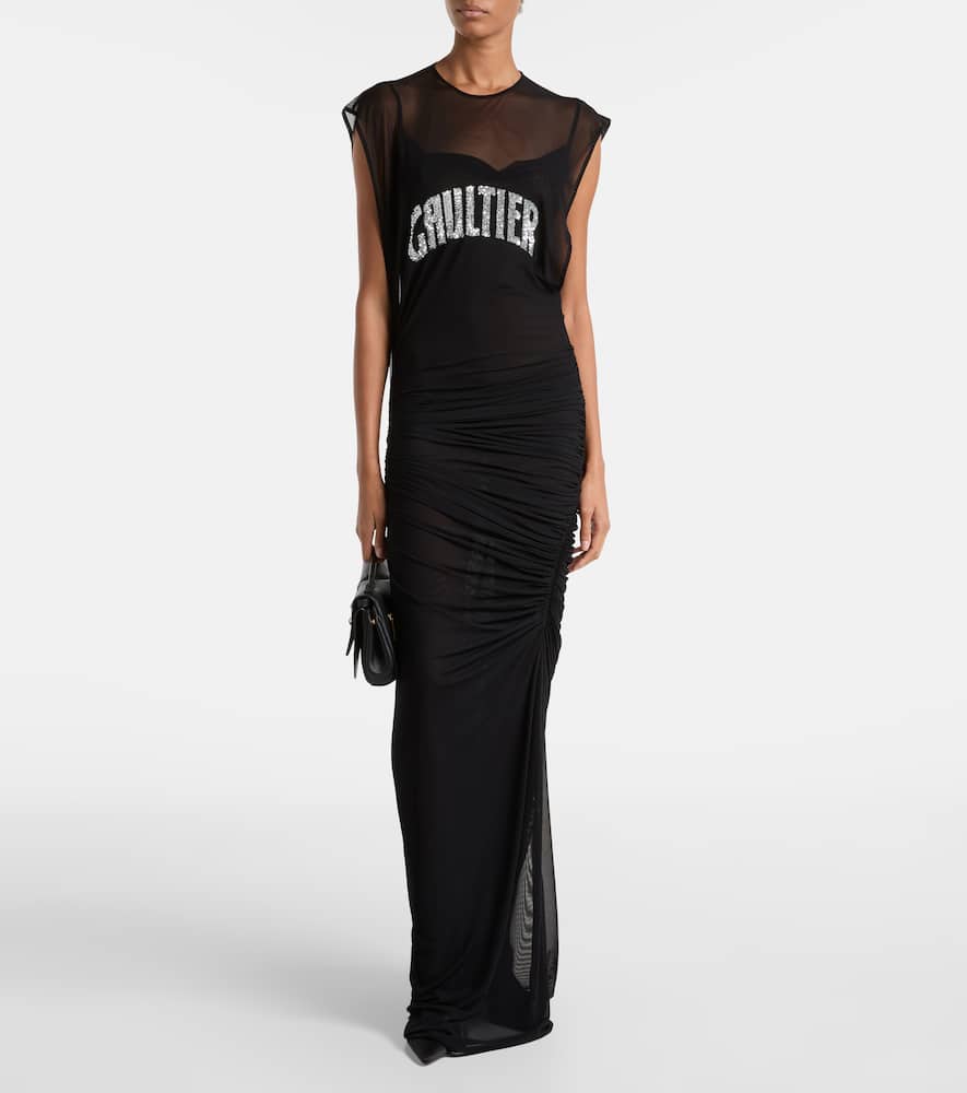 Jean Paul Gaultier Logo Sequined Mesh Maxi Dress In Black