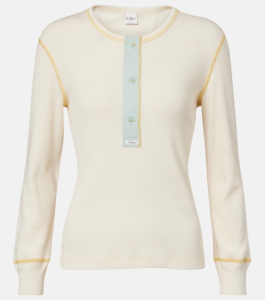 Chloe Women's White Ribbed-Knit Cotton Jersey Henley Shirt UK Size 8 - Mytheresa