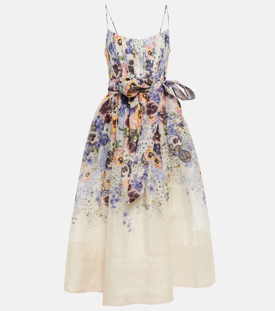 Zimmermann Tama Linen And Silk Corset Midi Dress In Purple Pansy Print