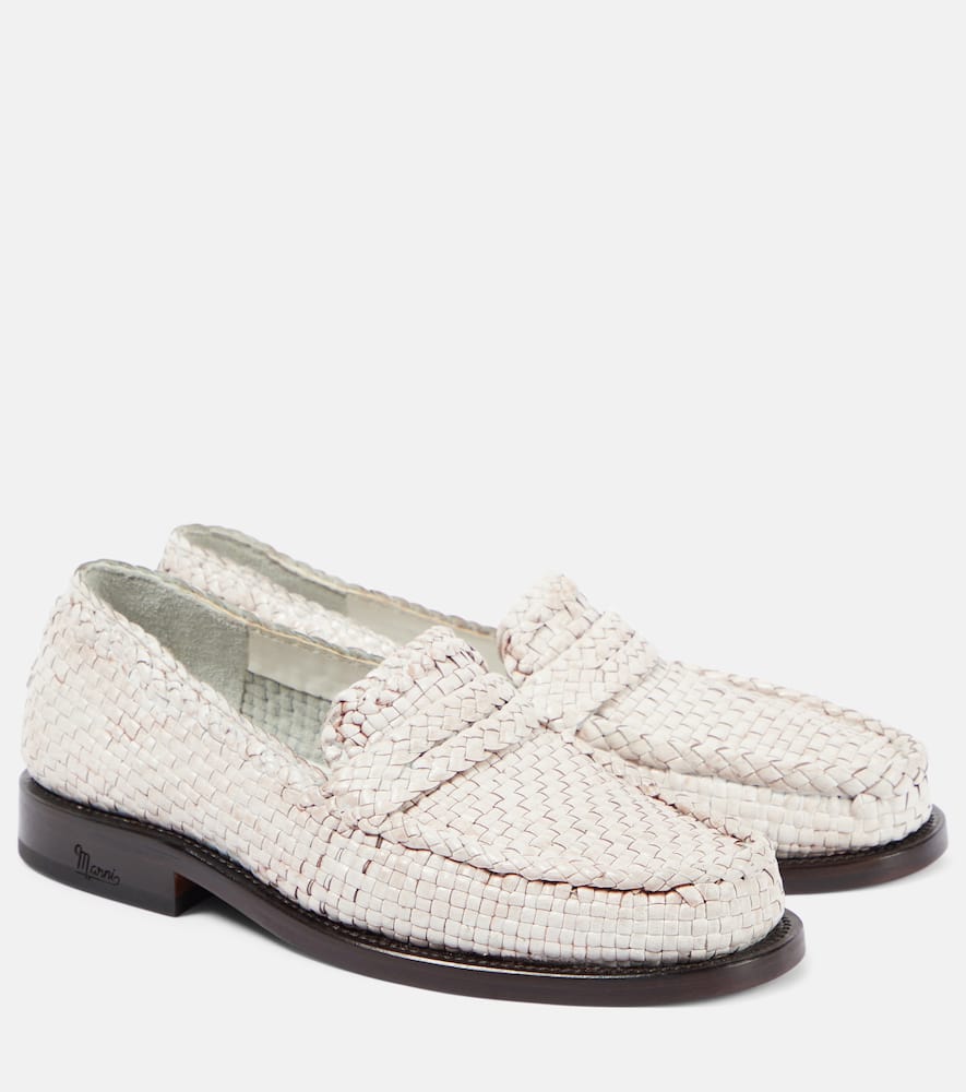 Marni Woven Leather Penny Loafers In Lily White