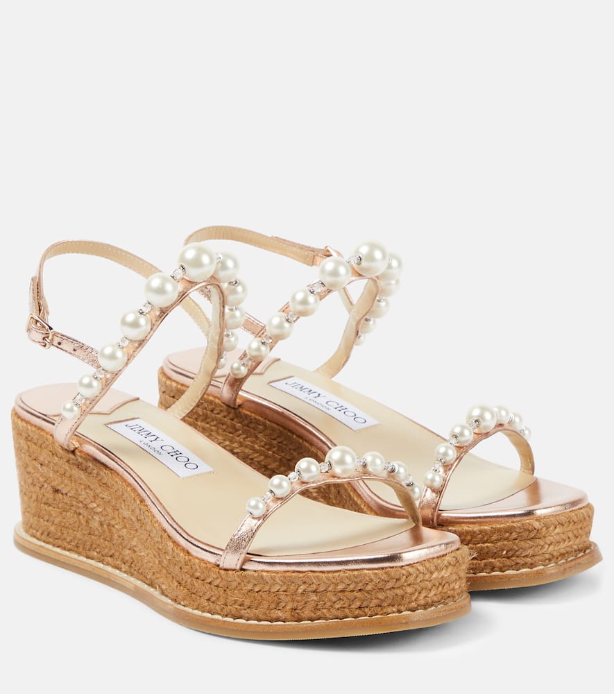 Jimmy Choo Amatuus Pearl-embellished Leather Wedge Sandals In Neutral
