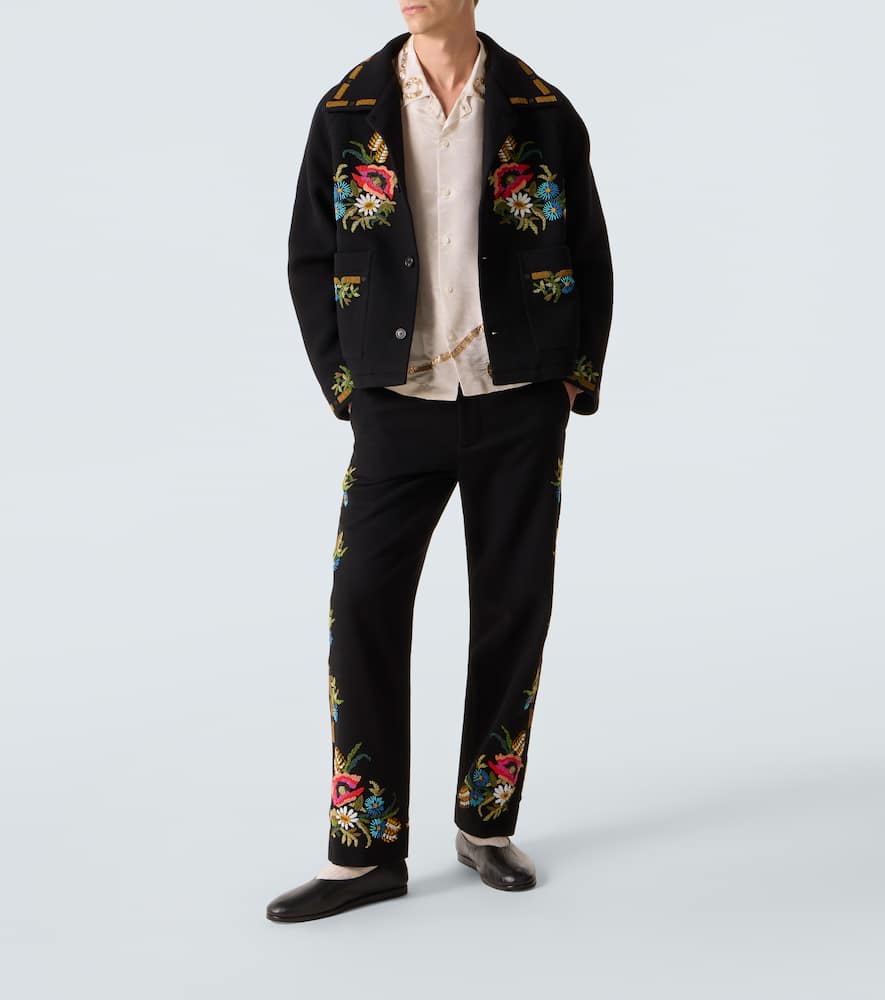 Bode Beaded Aquitaine Wool Straight Pants In Black