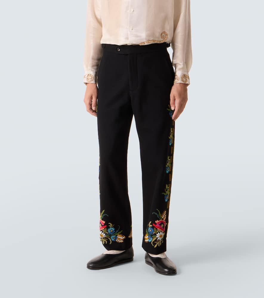Bode Beaded Aquitaine Wool Straight Pants In Black