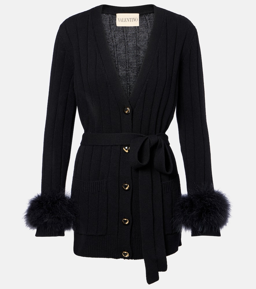 Valentino Feather-trimmed Virgin Wool Cardigan In Black