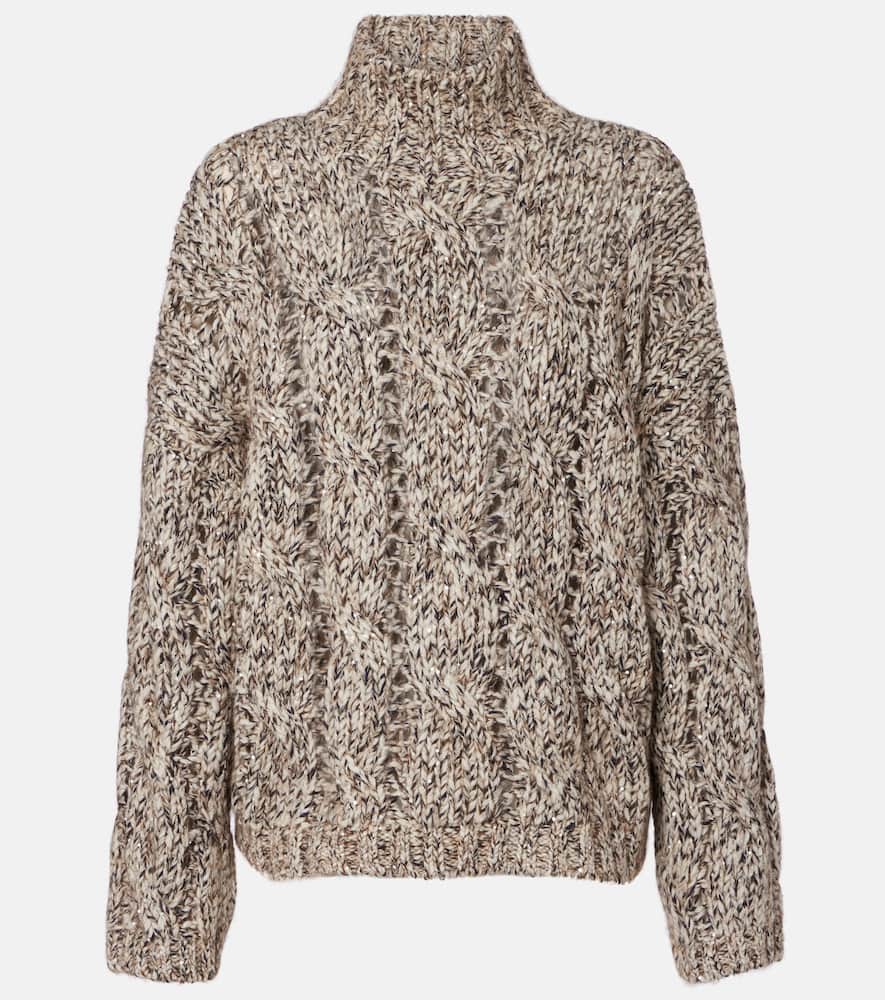 Brunello Cucinelli Wool And Cashmere Turtleneck Sweater With Sequins In Brown