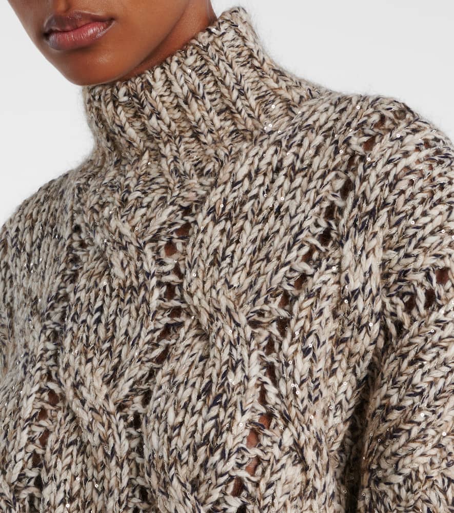 Brunello Cucinelli Wool And Cashmere Turtleneck Sweater With Sequins In Brown