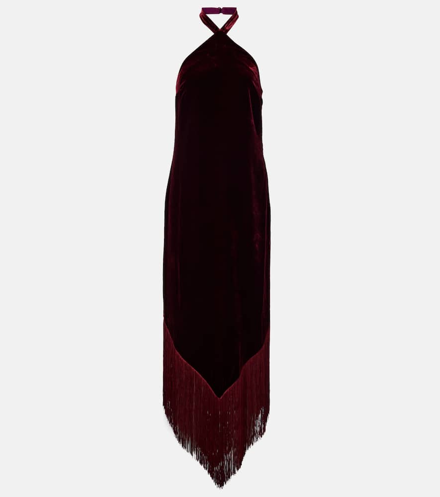 Taller Marmo Nina Fringed Velvet Maxi Dress In Burgundy
