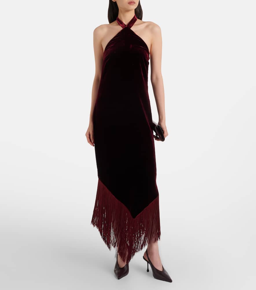 Taller Marmo Nina Fringed Velvet Maxi Dress In Burgundy