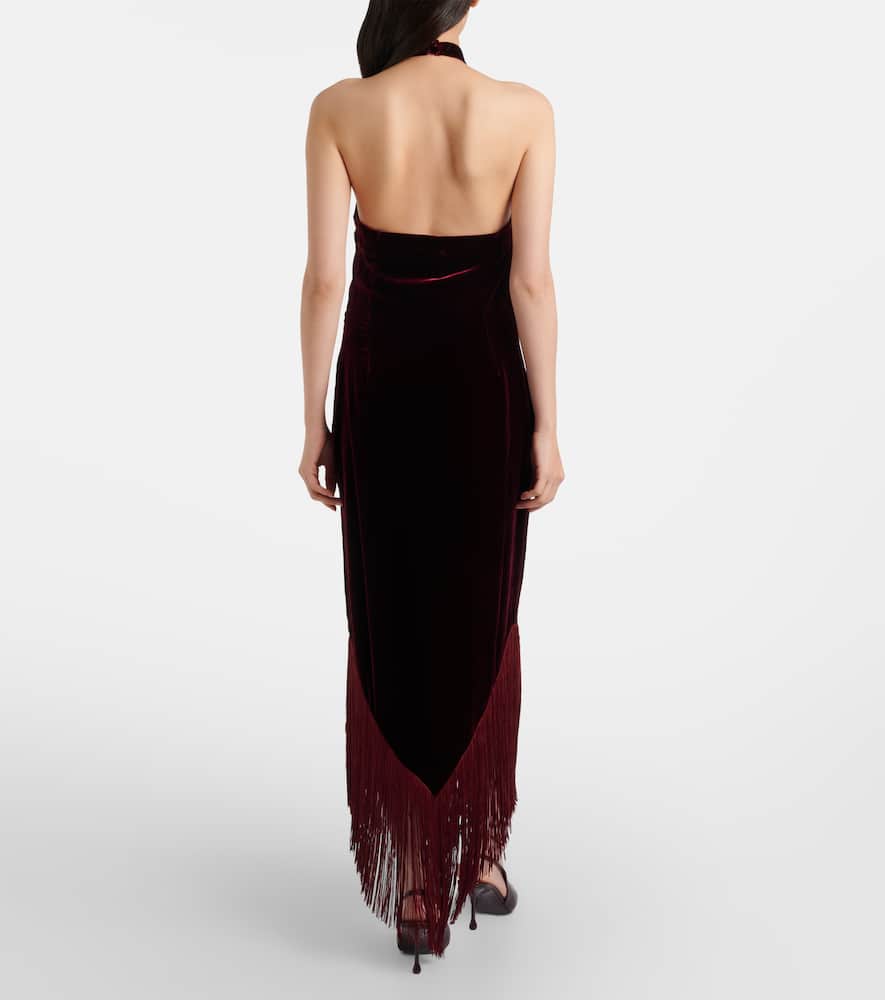 Taller Marmo Nina Fringed Velvet Maxi Dress In Burgundy