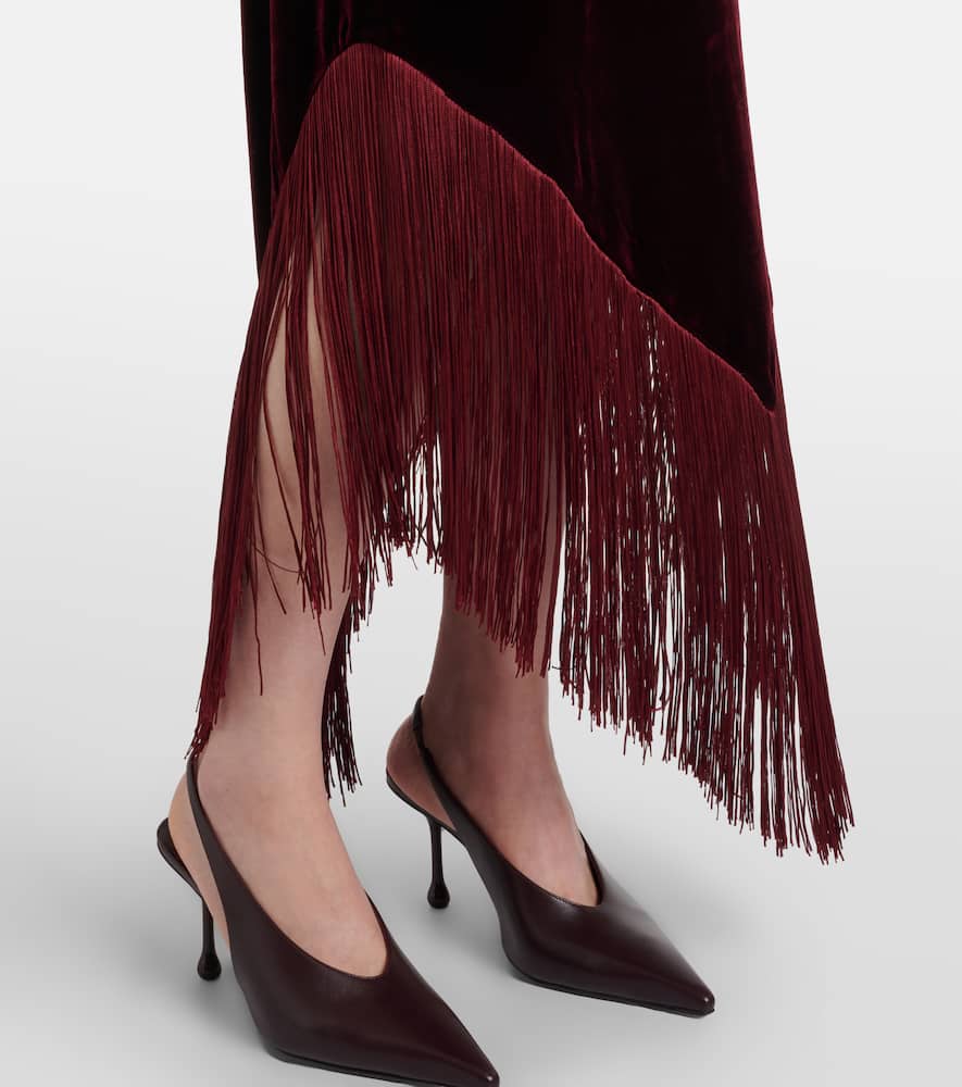 Taller Marmo Nina Fringed Velvet Maxi Dress In Burgundy