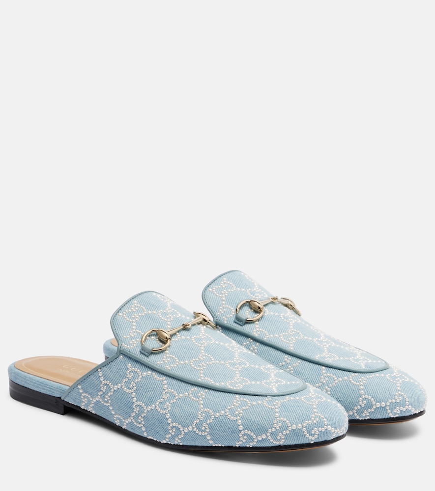Gucci Slippers Princetown Gg Mit Zierperlen Verziert Damen Blau Eu Größe 40.5