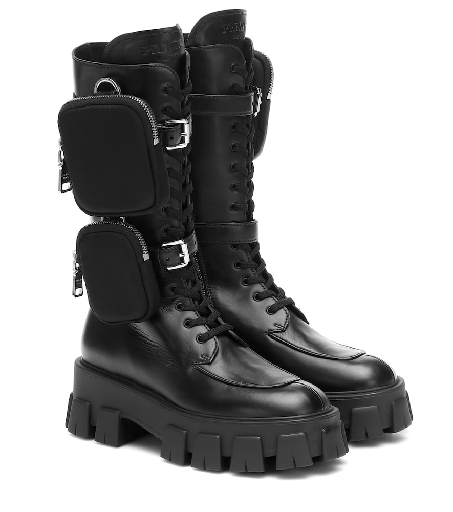 Prada Monolith Nylon Pocket-detailed Leather Combat Boots In Black