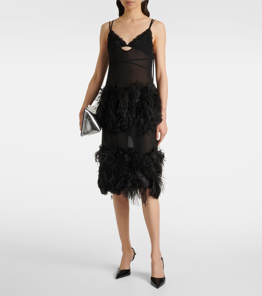 Shop Attico Sheer Feather-trimmed Midi Dress In Black