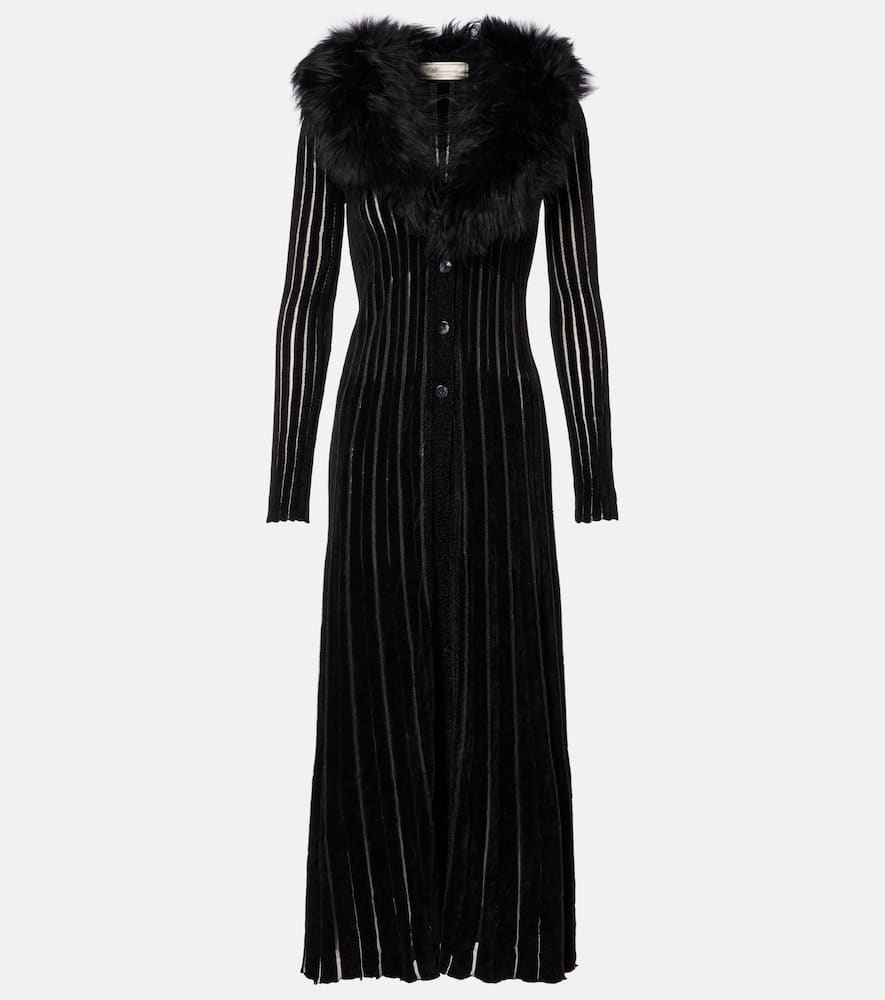 Blumarine Shearling-trimmed Striped Maxi Dress In Black