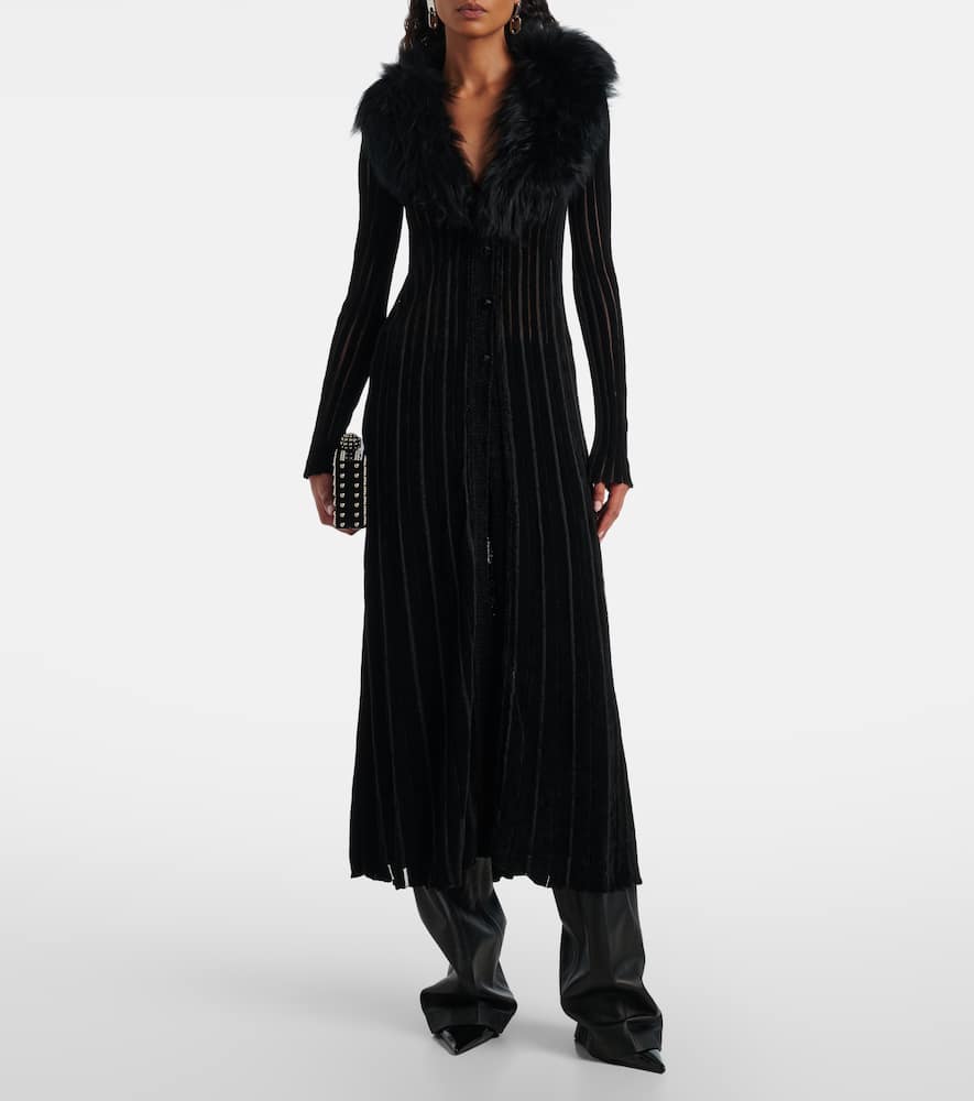 Blumarine Shearling-trimmed Striped Maxi Dress In Black