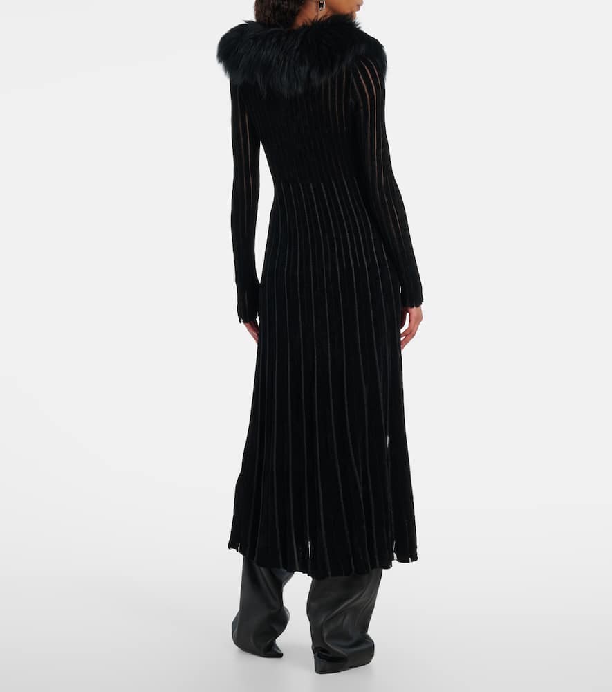Blumarine Shearling-trimmed Striped Maxi Dress In Black
