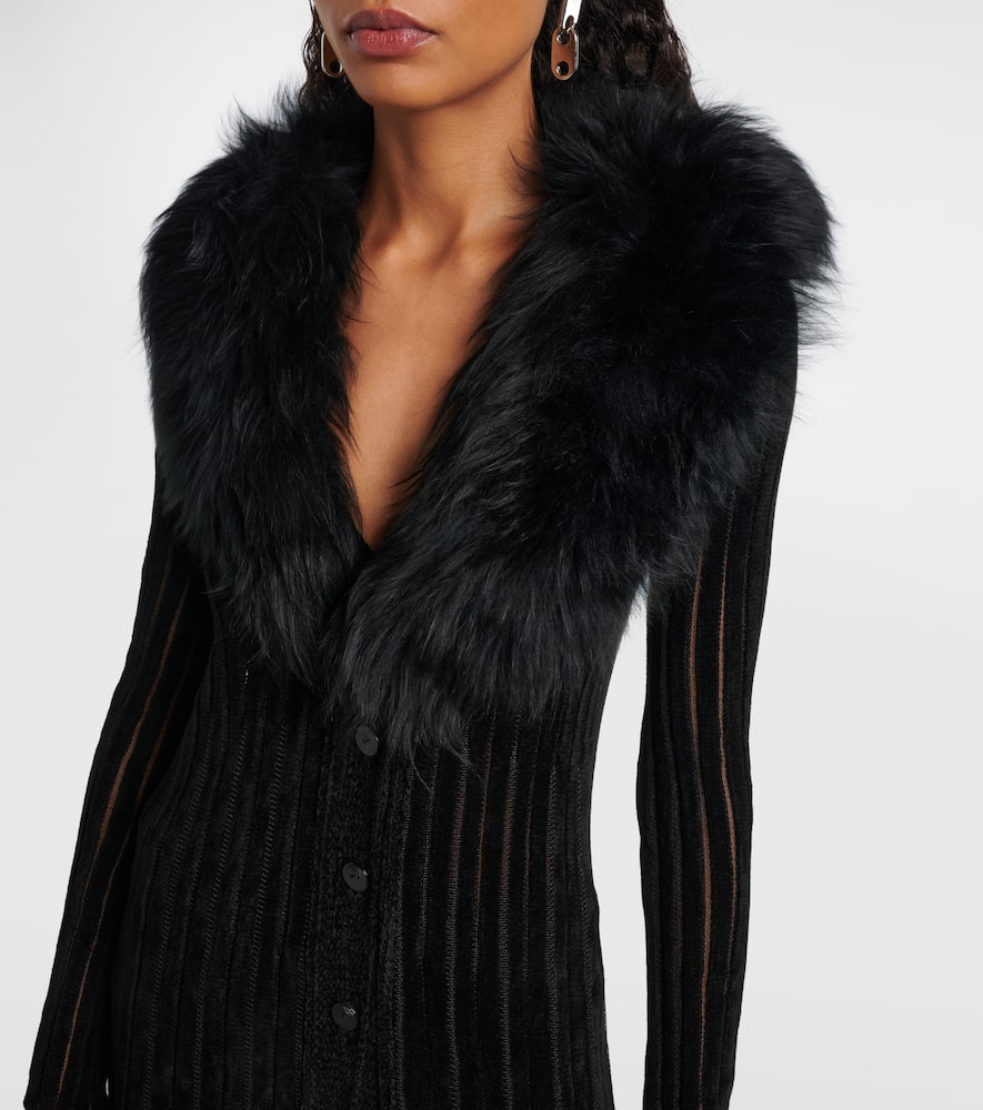 Blumarine Shearling-trimmed Striped Maxi Dress In Black
