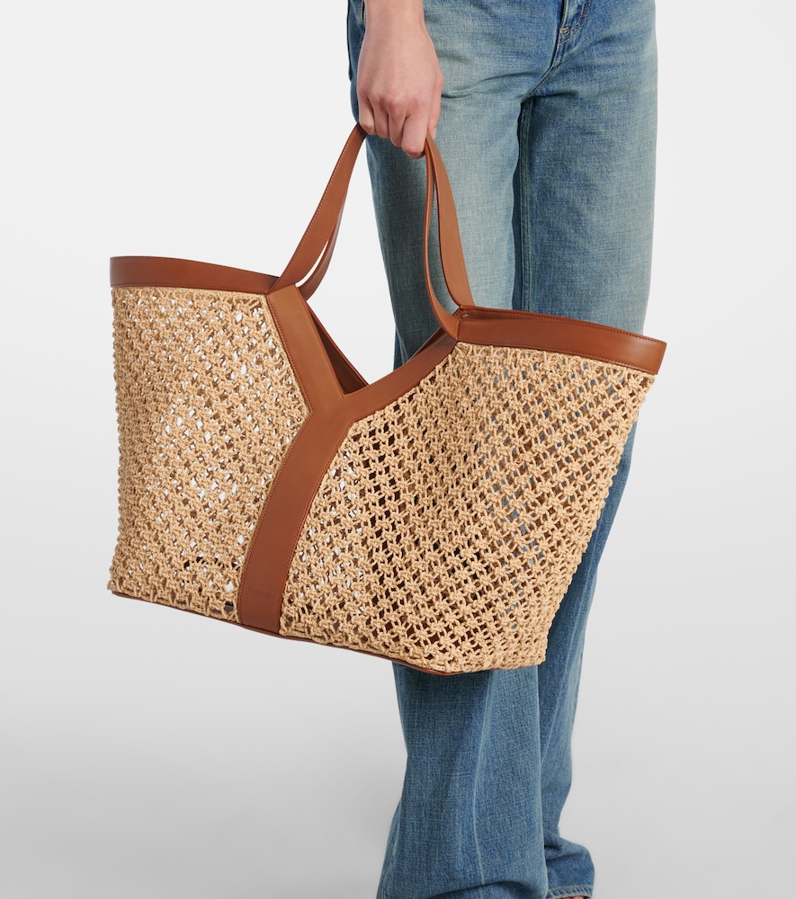 Saint Laurent Y leather-trimmed raffia tote bag