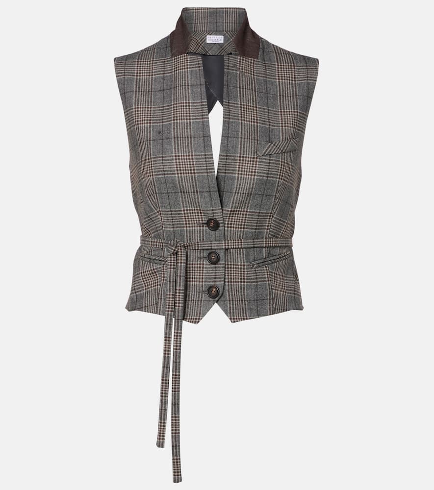 Brunello Cucinelli Belted Checked Virgin Wool Vest In Gray