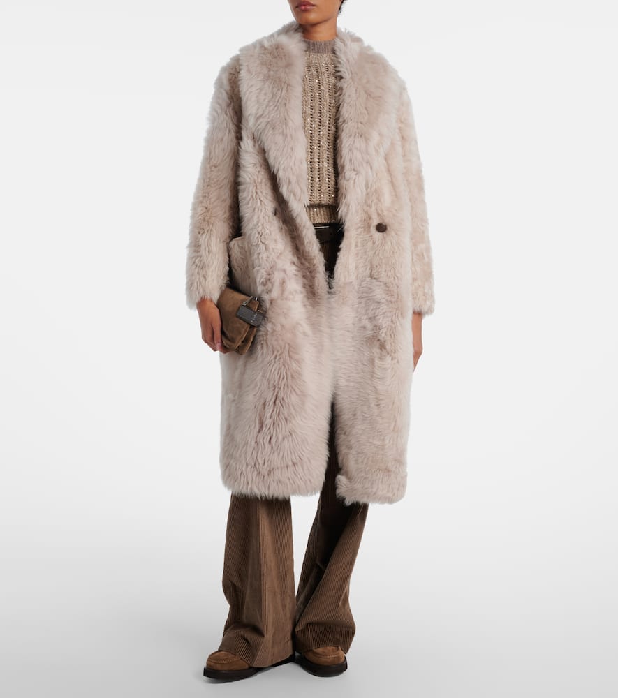 Brunello Cucinelli Double-breasted Shearling Coat In Neutral