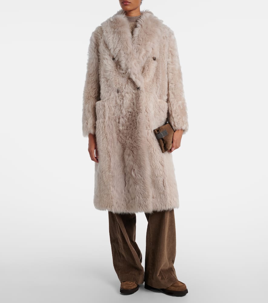 Brunello Cucinelli Double-breasted Shearling Coat In Neutral
