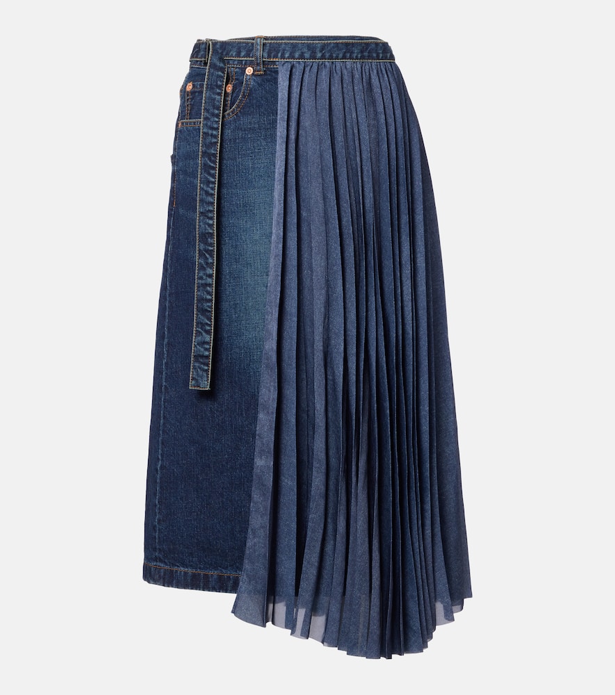Sacai Pleated Denim Midi Skirt In Blue