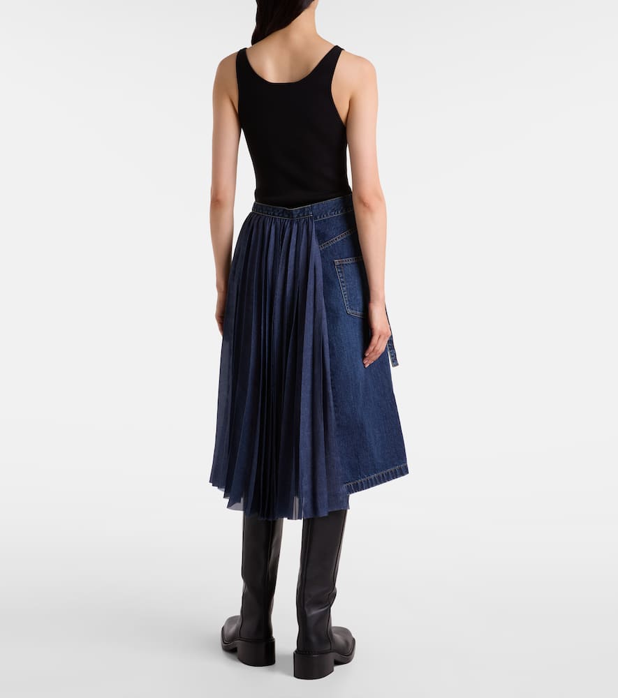 Sacai Pleated Denim Midi Skirt In Blue