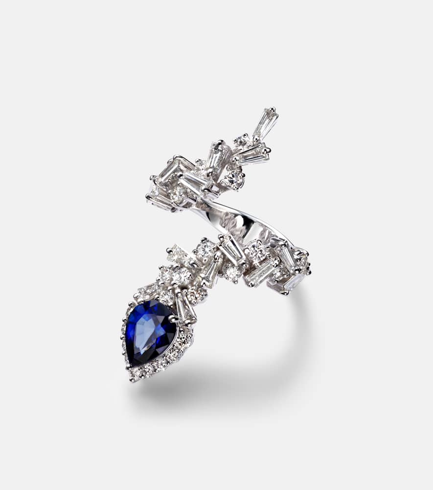 Yeprem Reign Supreme 18kt White Gold Ring With Diamonds And Sapphire In Silver